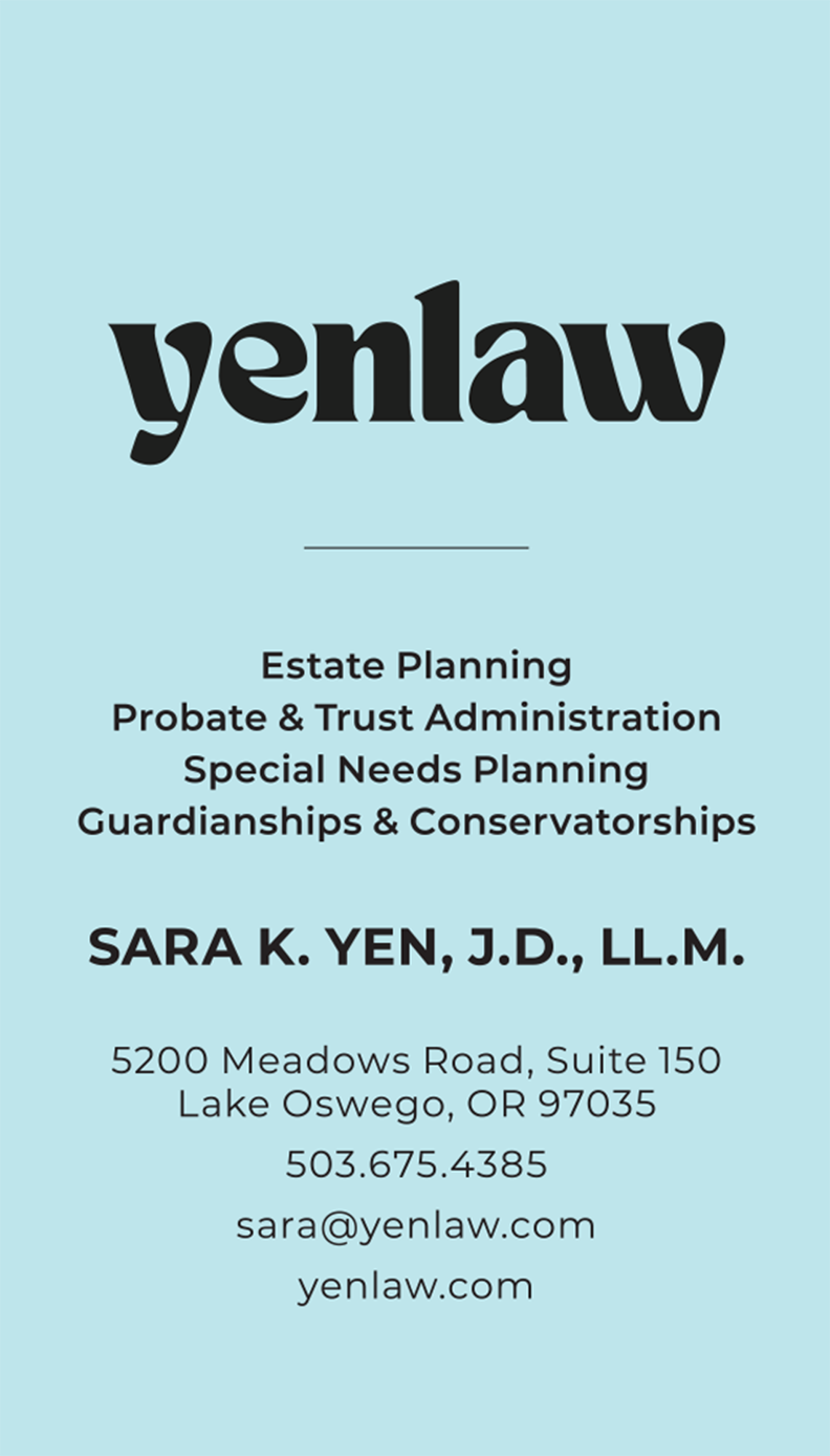 Business Card Design (front) for Yenlaw (Sara K. Yen, P.C., Attorney)